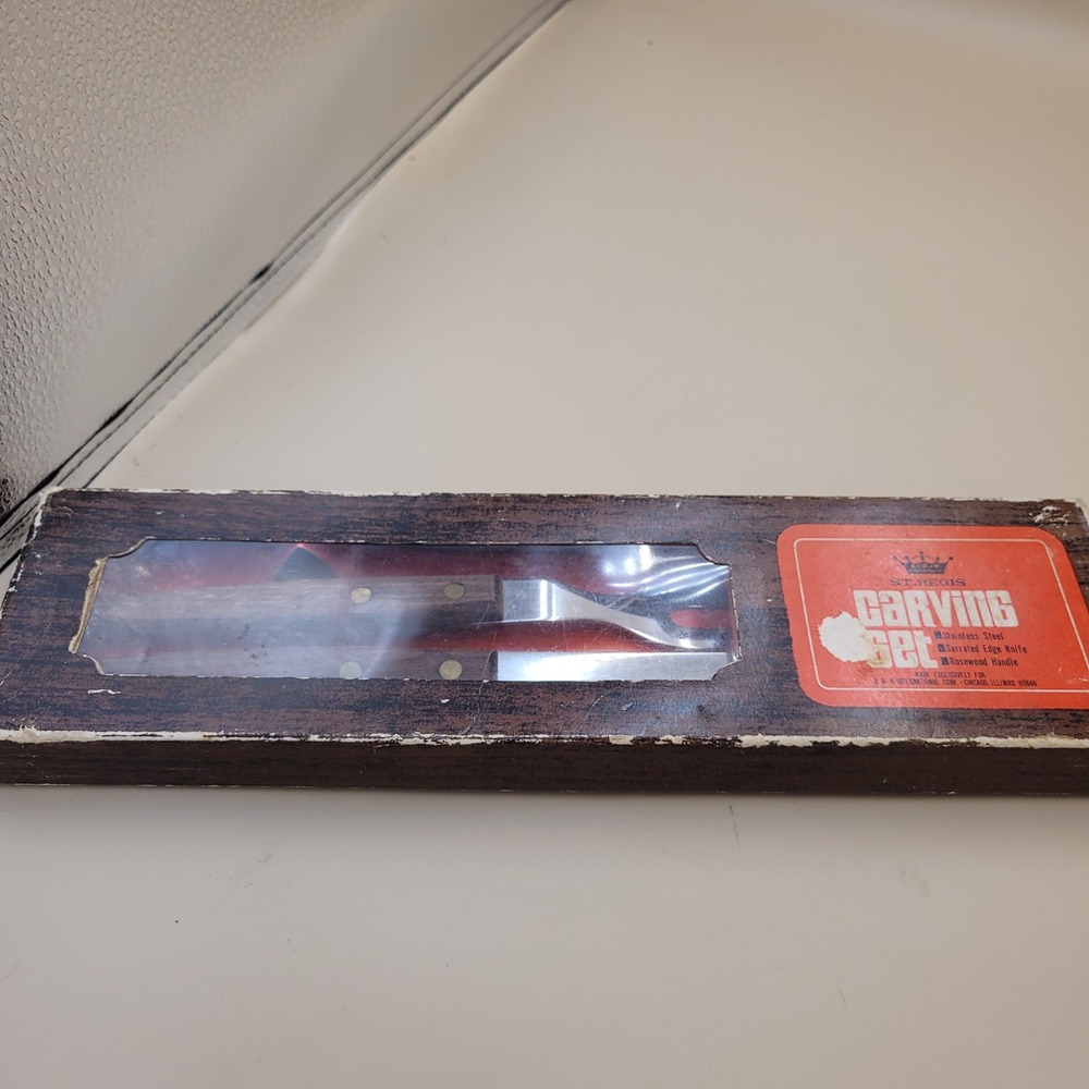 Vintage St. Regis Carving Set Stainless Steel Serrated Knife Rosewood Handle Box - Picture 2 of 10